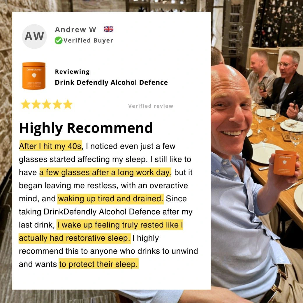 Verified customer review describing improved sleep after using DrinkDefendly Alcohol Defence