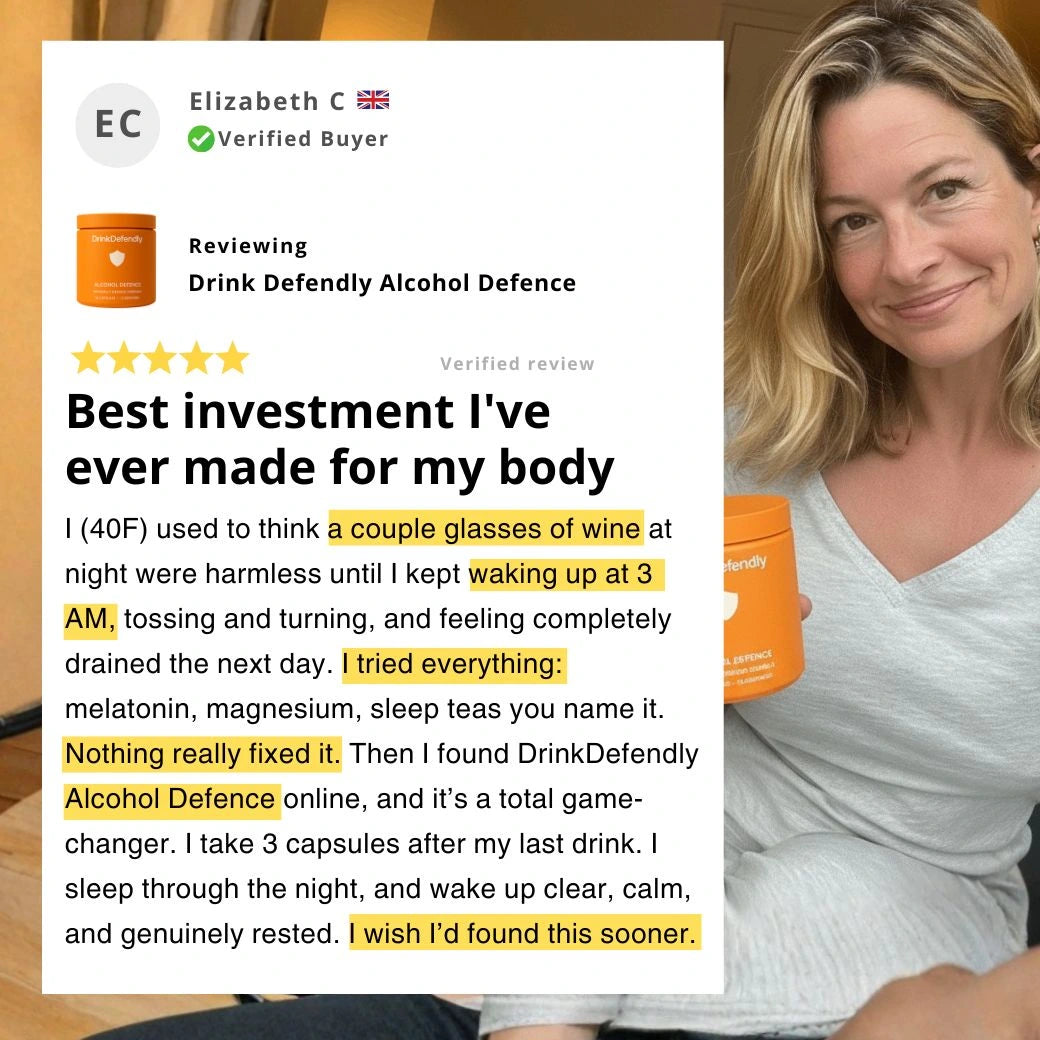 Verified customer testimonial sharing improved sleep and feeling rested with DrinkDefendly Alcohol Defence
