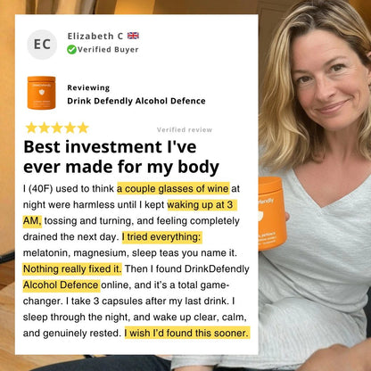 Verified customer testimonial sharing improved sleep and feeling rested with DrinkDefendly Alcohol Defence
