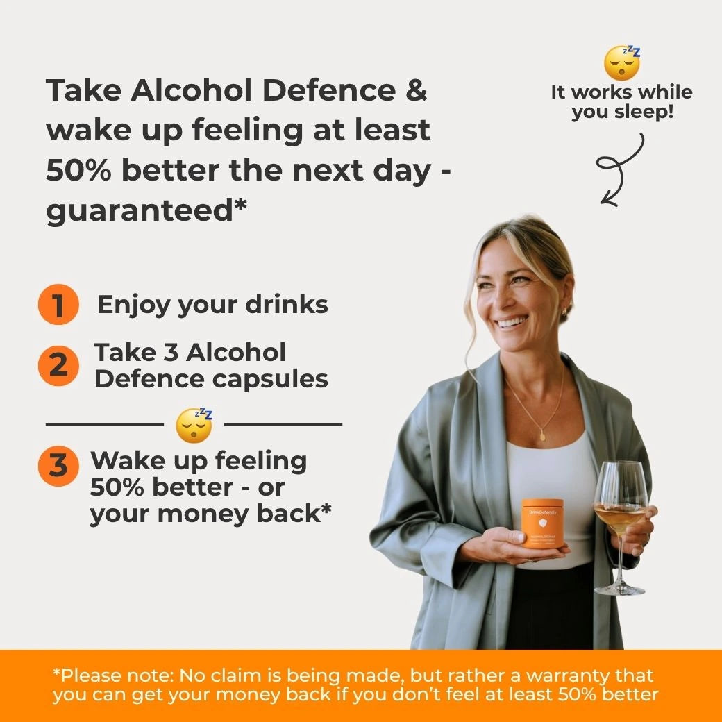 Woman enjoying a drink while using DrinkDefendly Alcohol Defence as part of an evening routine