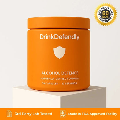 DrinkDefendly Alcohol Defence supplement jar with naturally derived formula
