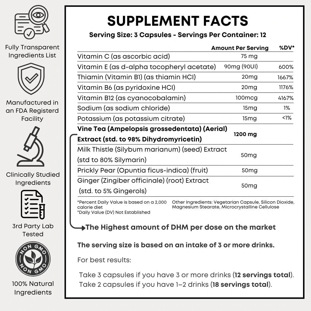 Supplement facts label showing ingredients and dosages for DrinkDefendly Alcohol Defence