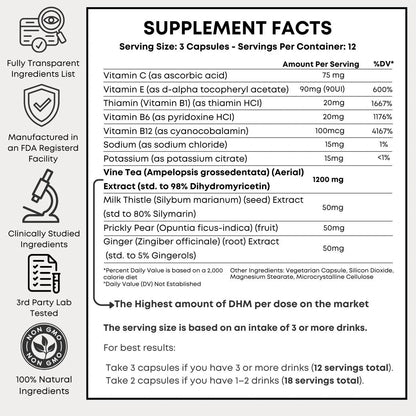 Supplement facts label showing ingredients and dosages for DrinkDefendly Alcohol Defence